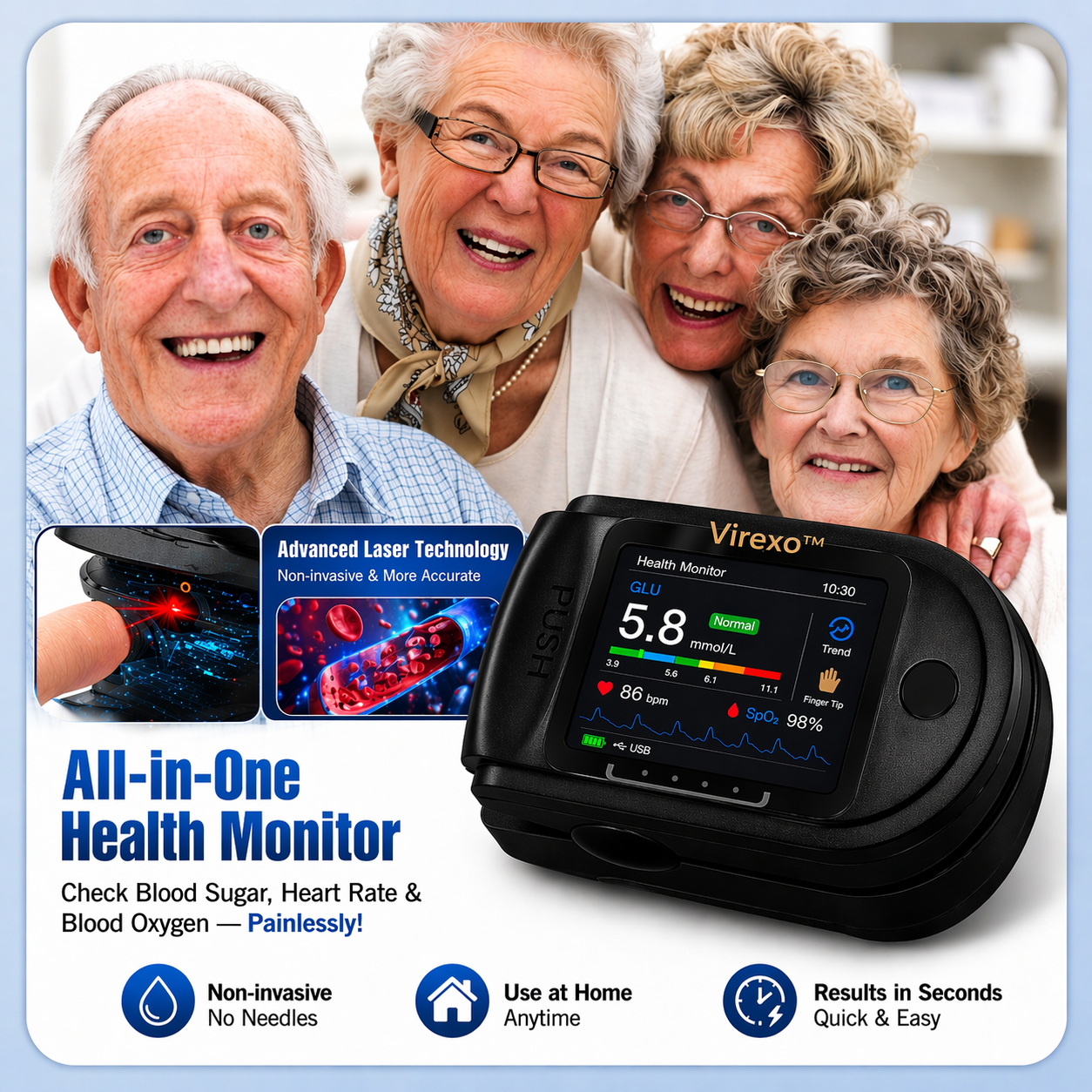 Virexo™ Non-Invasive AI Blood Sugar Analyzer | High-Precision 99.9% Accuracy | TGA Certified